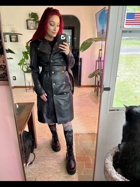 Black Faux Leather Double-Breasted Trench Coat